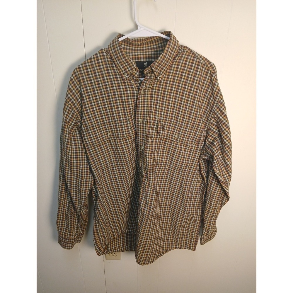 Browning Shirt Men Large Brown Plaid Long Sleeve Button Down Flap Pocket Hunting